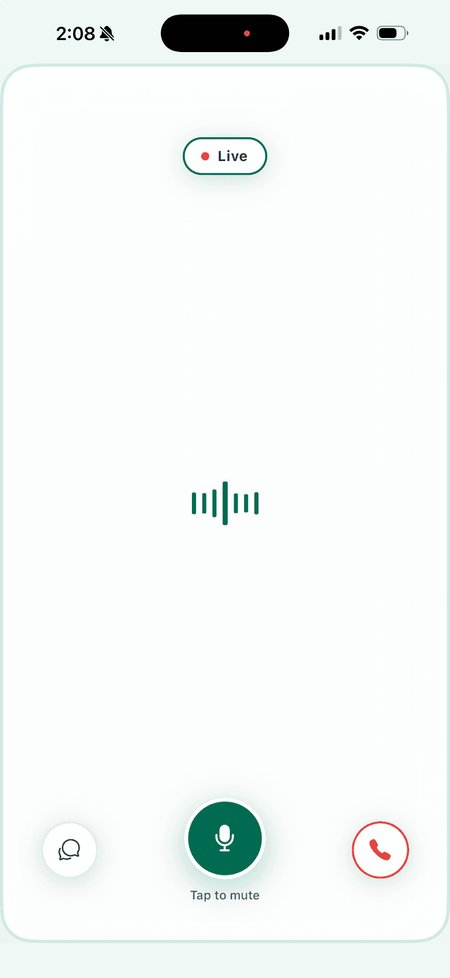 WhisperHelp app - Live voice session with waveform visualization and mic controls