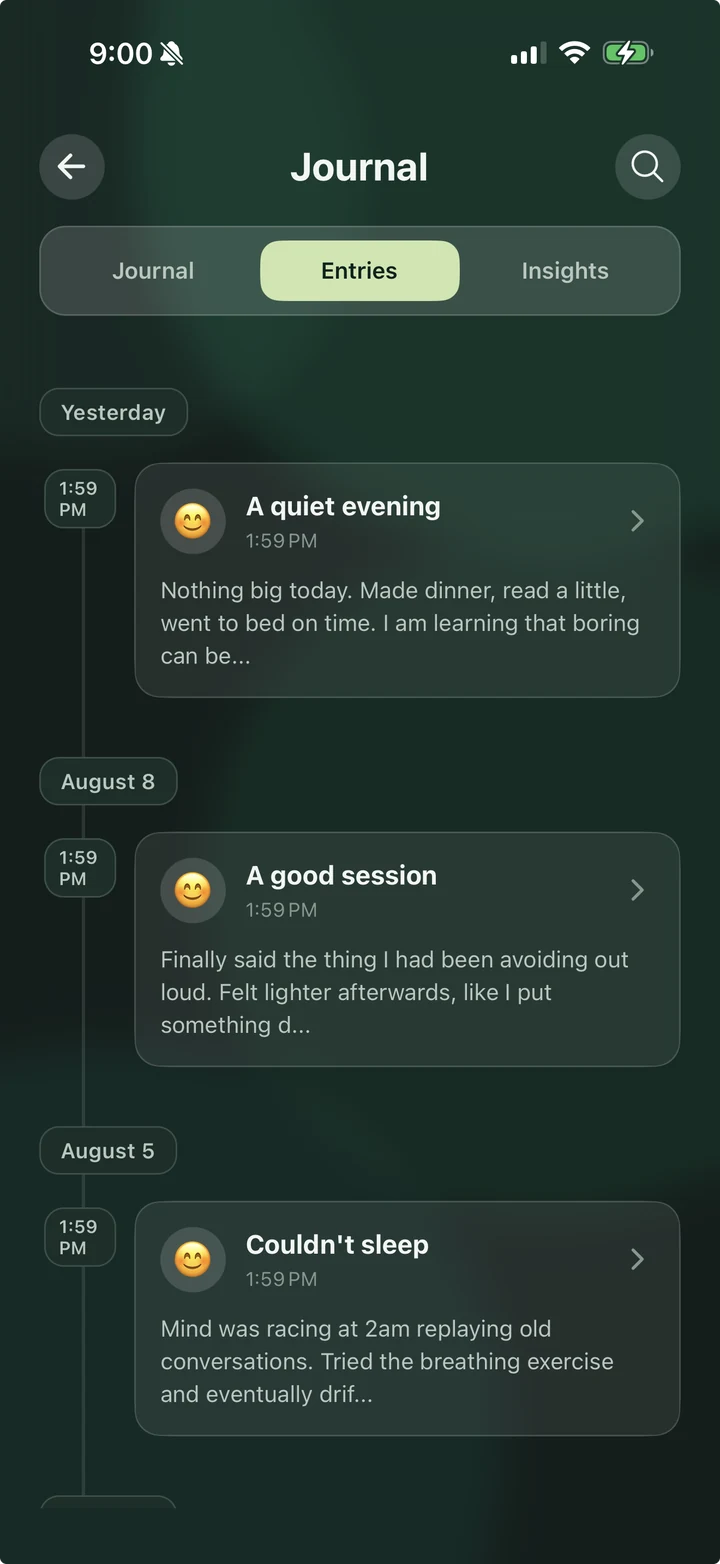 The journal: past entries on a timeline, each with a title, a time and its first lines